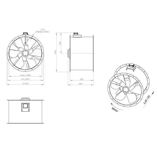 Osiowy 900 mm kanałowy wentylator spalin F300- AL 900 D6 F3 01 CFG
