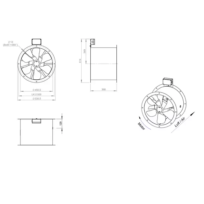 Osiowy 450 mm kanałowy wentylator spalin F300- AL 450 D4 F3 01 CFG