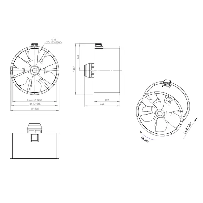 Osiowy wentylator kanałowy 1250 mm F300- AL 1250 D6 F3 02 CFG