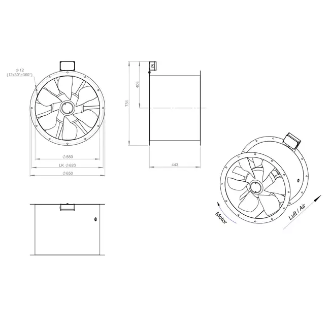Osiowy 560 mm kanałowy wentylator spalin F300- AL 560 D4 F3 01 CFG