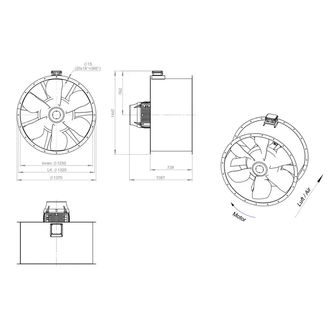Osiowy wentylator kanałowy 1250 mm F300- AL 1250 D6 F3 04 CFG