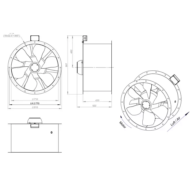 Osiowy 710 mm kanałowy wentylator spalin F300- AL 710 D6 F3 01 CFG