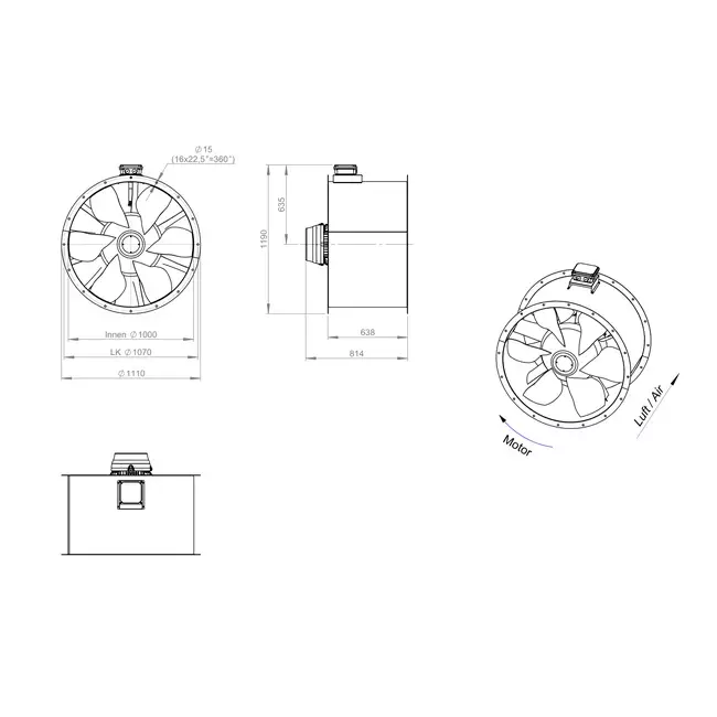 Osiowy 1000 mm kanałowy wentylator spalin F300- AL 1000 D6 F3 01 CFG