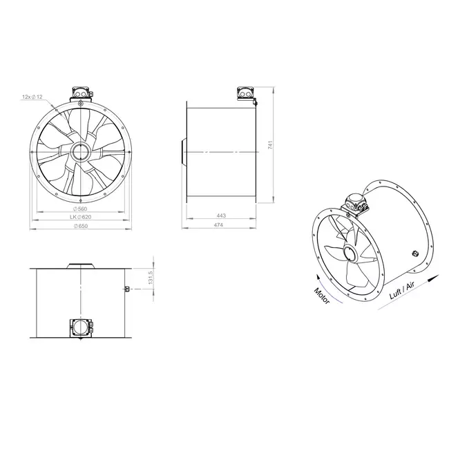 Osiowy wentylator kanałowy 560 mm - AL 560 D4 02 CFG