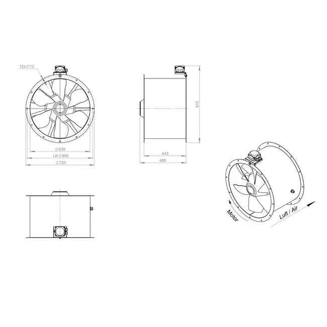 Osiowy wentylator kanałowy 630 mm - AL 630 D84U 02 CFG