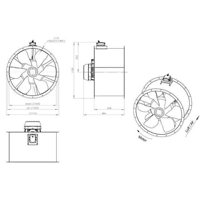 Osiowy wentylator kanałowy 1000 mm - AL 1000 D4 03 CFG
