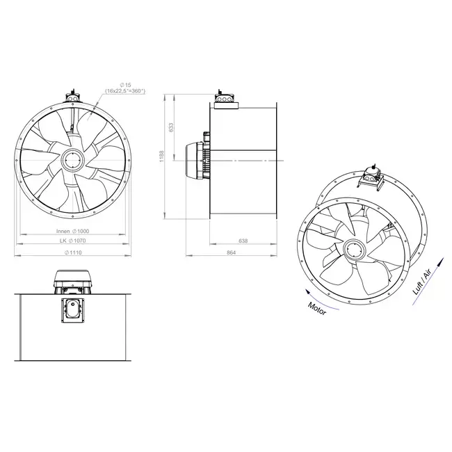 Osiowy wentylator kanałowy 1000 mm - AL 1000 D4 04 CFG