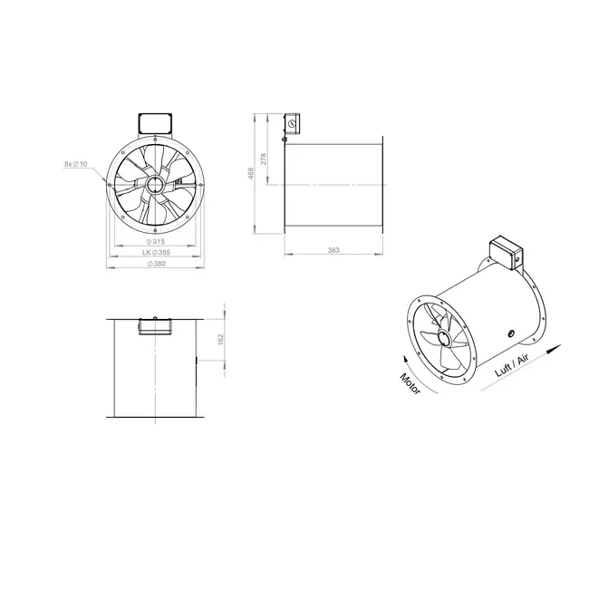 Osiowy 315 mm kanałowy wentylator spalin F400 - AL 315 D42U F4 01 CFG