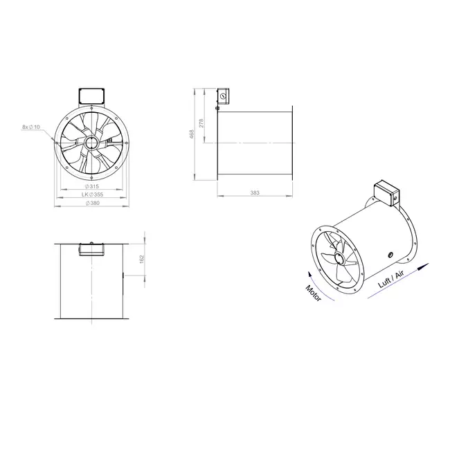 Osiowy 315 mm kanałowy wentylator spalin F400 - AL 315 D42U F4 02 CFG