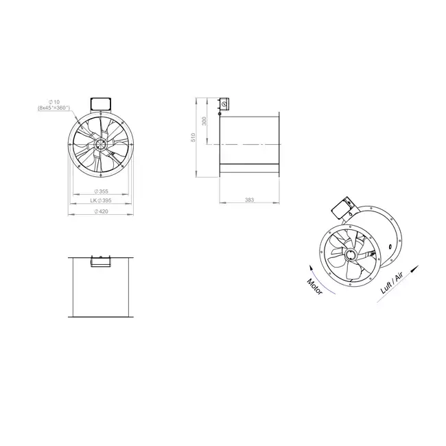 Osiowy 355 mm kanałowy wentylator spalin F400 - AL 355 D42U F4 02 CFG