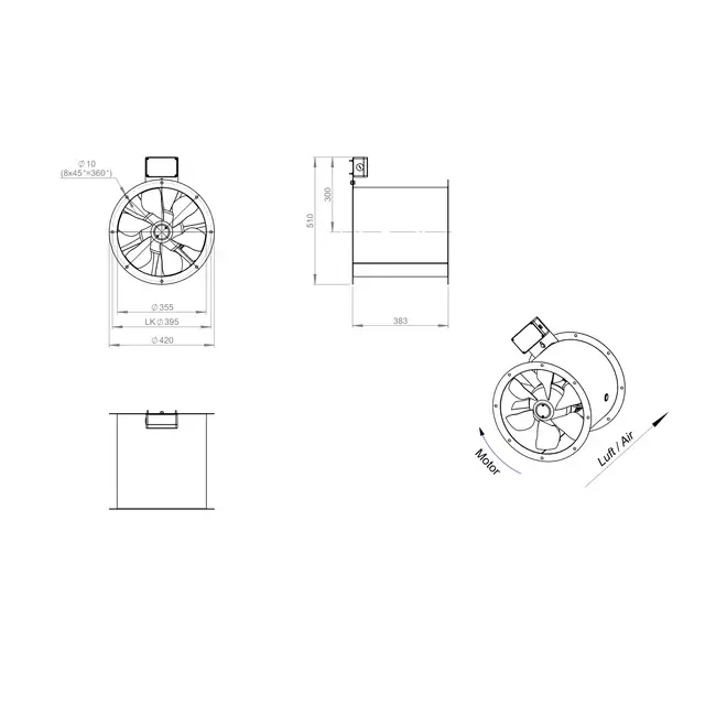 Osiowy 355 mm kanałowy wentylator spalin F300- AL 355 D42U F3 01 CFG