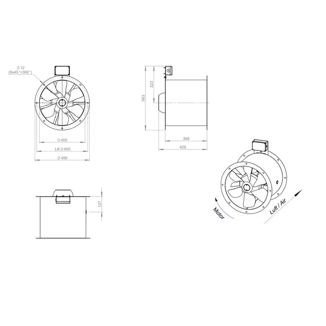 Osiowy 400 mm kanałowy wentylator spalin F300- AL 400 D42U F3 01 CFG