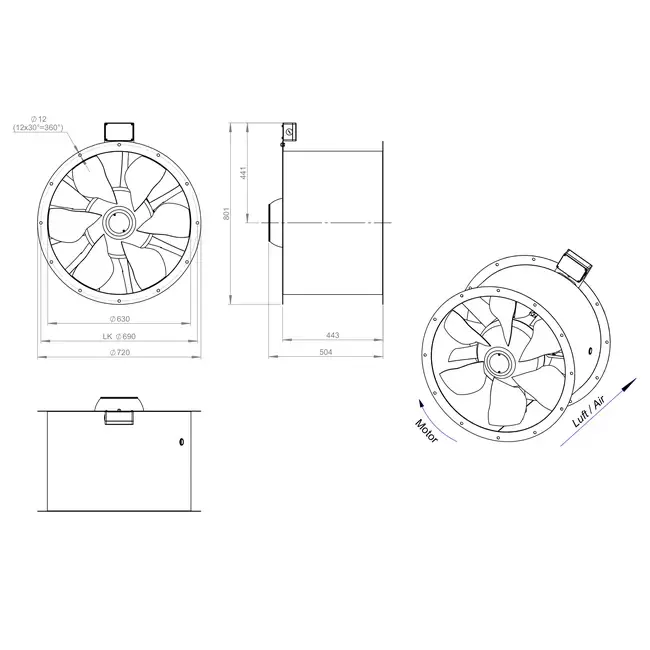 Osiowy 630 mm kanałowy wentylator spalin F400 - AL 630 D6 F4 02 CFG