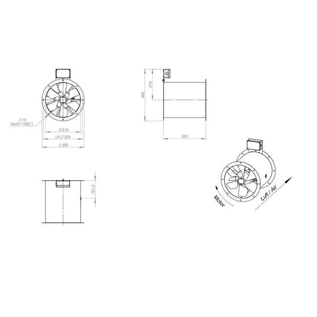 Osiowy 315 mm kanałowy wentylator spalin F300- AL 315 D42U F3 02 CFG