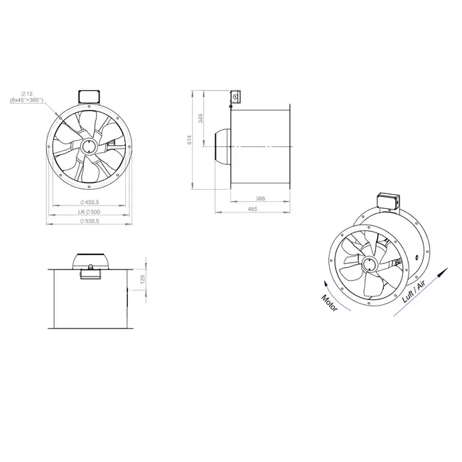 Osiowy 450 mm kanałowy wentylator spalin F400 - AL 450 D2 F4 01 CFG