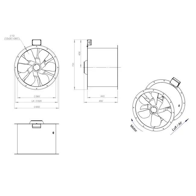 Osiowy 560 mm kanałowy wentylator spalin F400 - AL 560 D4 F4 04 CFG