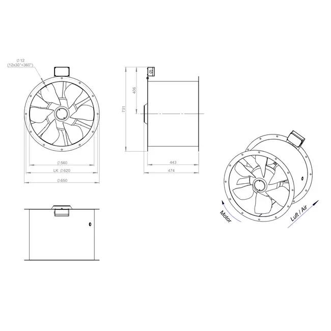 Osiowy 560 mm kanałowy wentylator spalin F400 - AL 560 D84U F4 01 CFG