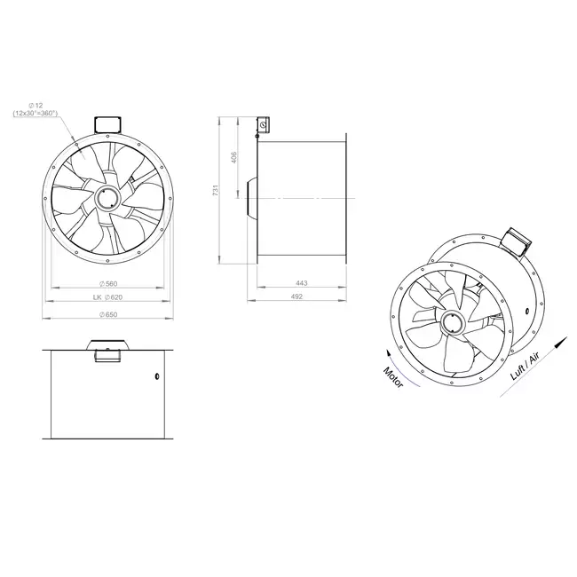 Osiowy 560 mm kanałowy wentylator spalin F300- AL 560 D4 F3 04 CFG