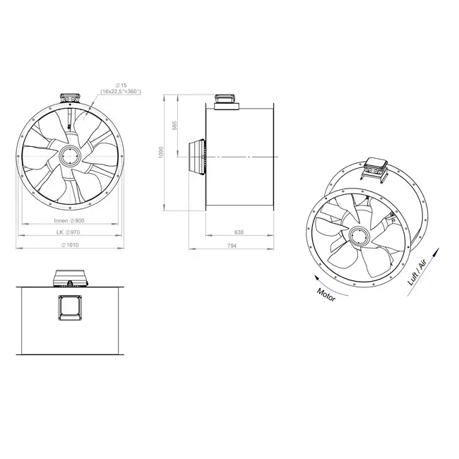 Osiowy 900 mm kanałowy wentylator spalin F400 - AL 900 D4 F4 04 CFG