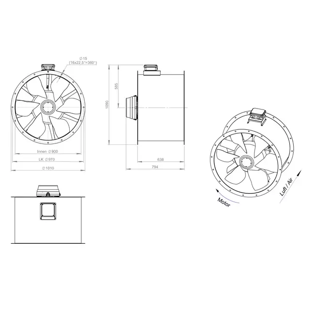 Osiowy 900 mm kanałowy wentylator spalin F300- AL 900 D6 F3 03 CFG