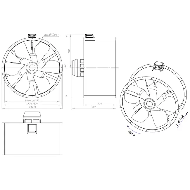Osiowy wentylator kanałowy 1250 mm F400 - AL 1250 D6 F4 03 CFG