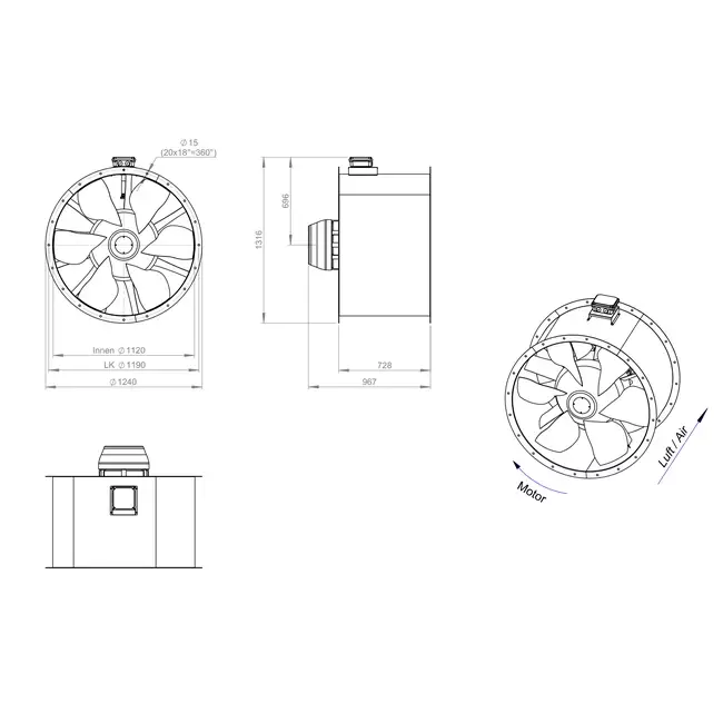 Osiowy 1120 mm kanałowy wentylator spalin F300- AL 1120 D6 F3 05 CFG