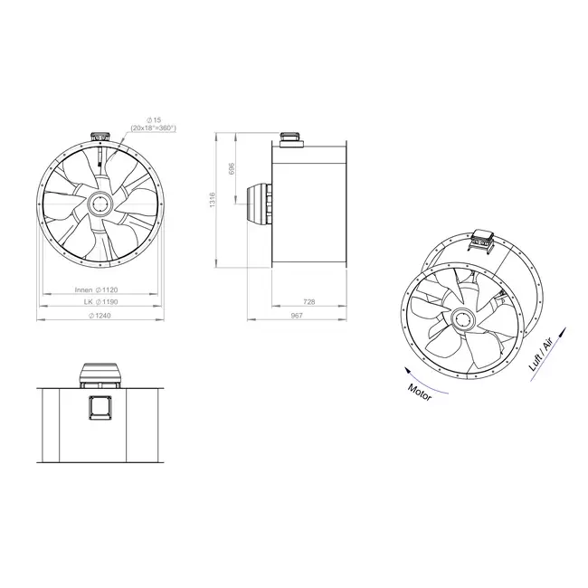 Osiowy 1120 mm kanałowy wentylator spalin F400 - AL 1120 D6 F4 05 CFG