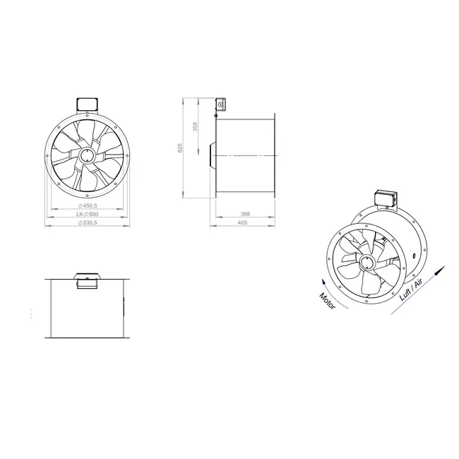 Osiowy 450 mm kanałowy wentylator spalin F400 - AL 450 D2 F4 02 CFG