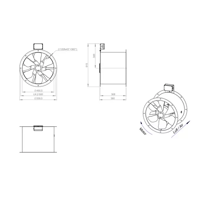 Osiowy 450 mm kanałowy wentylator spalin F400 - AL 450 D4 F4 02 CFG