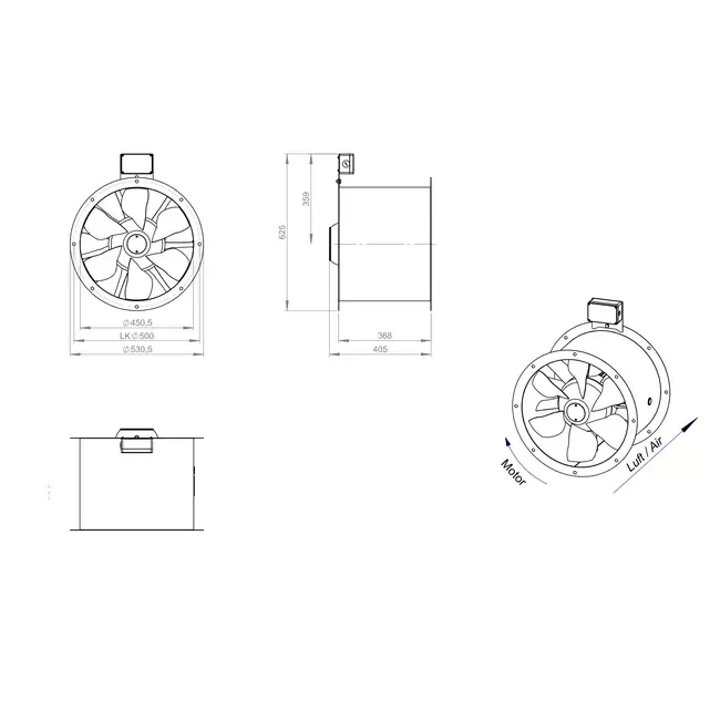 Osiowy 450 mm wentylator kanałowy spalin F300- AL 450 D2 F3 02 CFG