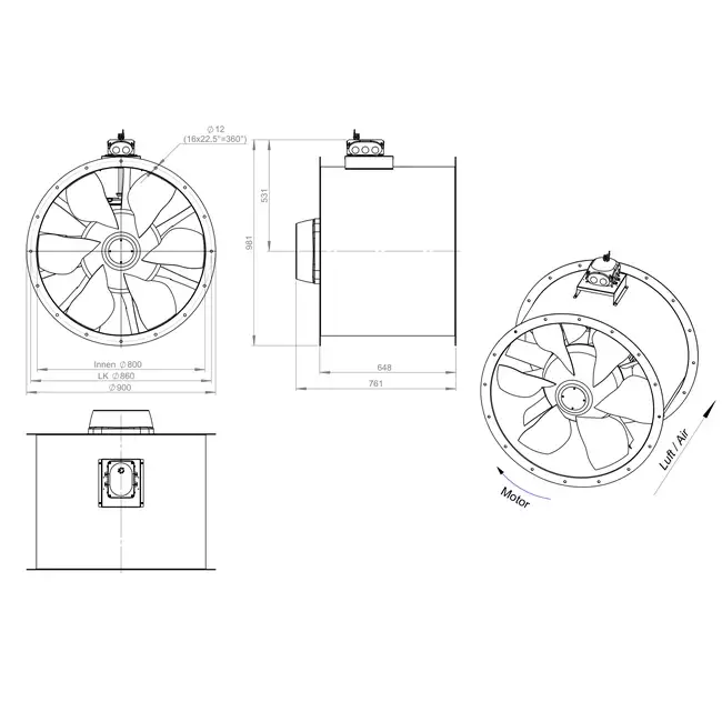 Osiowy wentylator kanałowy 800 mm - AL 800 D84U 02 CFG