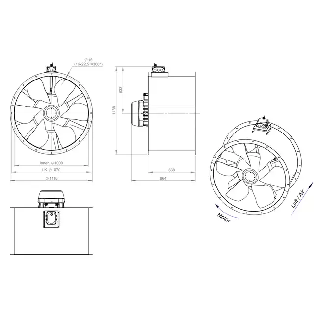Osiowy wentylator kanałowy 1000 mm - AL 1000 D84U 02 CFG