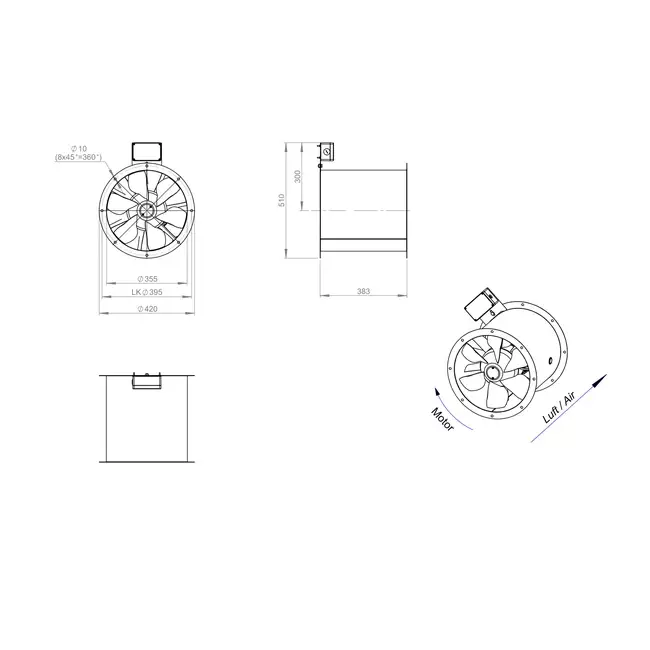 Osiowy 355 mm kanałowy wentylator spalin F300- AL 355 D42U F3 02 CFG