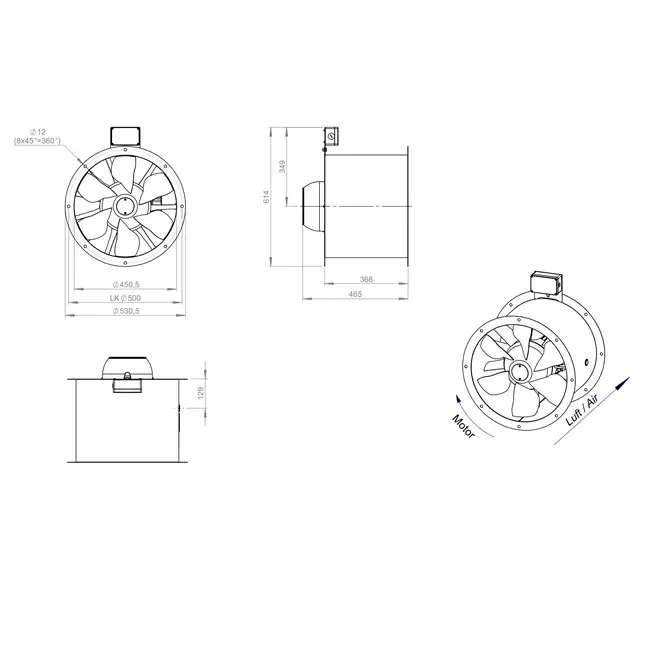 Osiowy 450 mm kanałowy wentylator spalin F300- AL 450 D42U F3 01 CFG