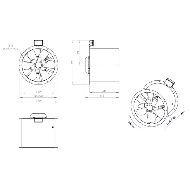 Osiowy 500 mm kanałowy wentylator spalin F300- AL 500 D42U F3 01 CFG