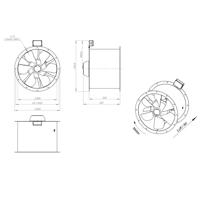 Osiowy wentylator kanałowy 560 mm F300- AL 560 D84U F3 02 CFG