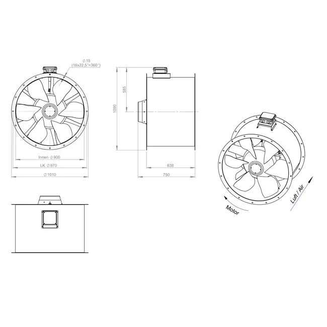 Osiowy 900 mm kanałowy wentylator spalin F400 - AL 900 D84U F4 02 CFG
