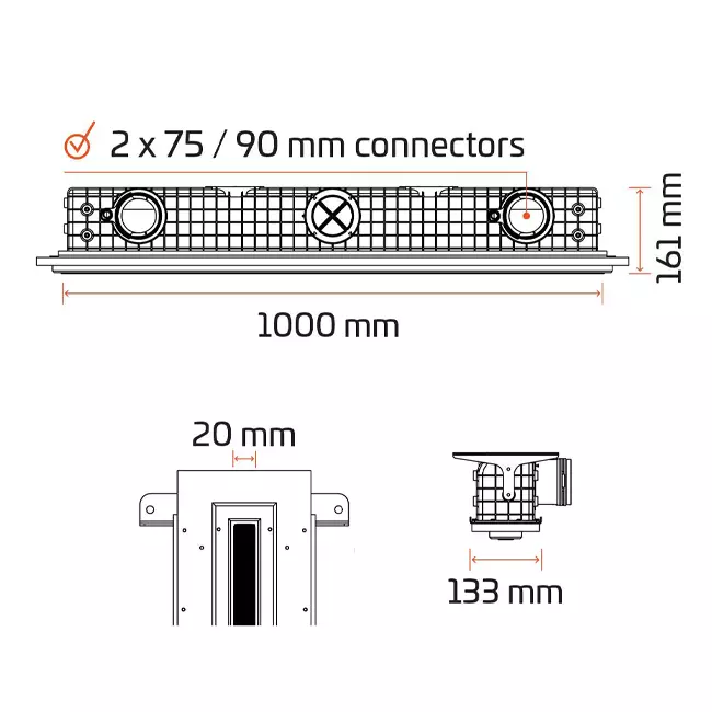 Maskowny, tynkowalny kratka liniowa Ergovent 1000 mm z przyłączem 75 mm - standard