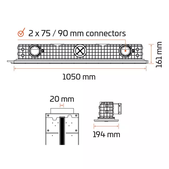 Bezramkowy nawiewnik szczelinowy Ergovent 1050 mm z przyłączem 75 mm - modułowa - 1 szczelina