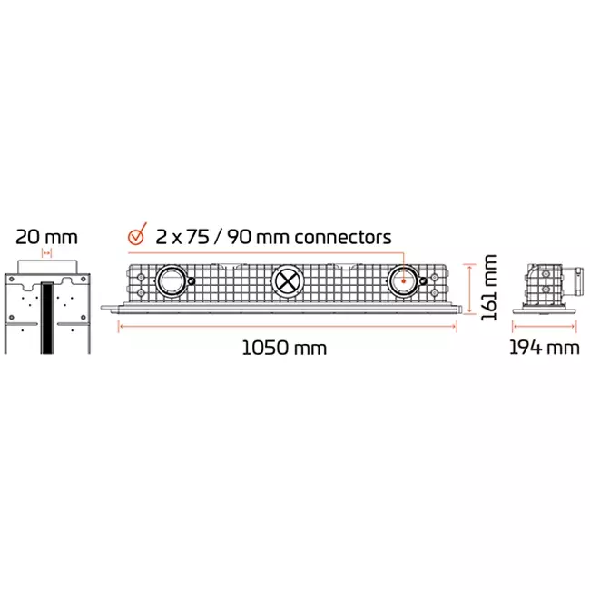 Bezramkowy nawiewnik szczelinowy Ergovent 1050 mm z przyłączem 90 mm - modułowy - 1 szczelina