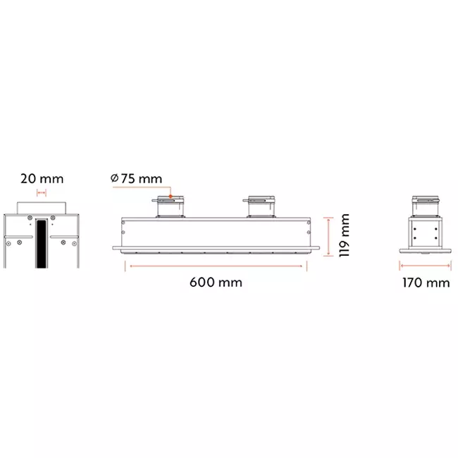 Bezramkowy nawiewnik szczelinowy Ergovent 600 mm o średnicy przyłącza 75 mm - profil (pionowy)
