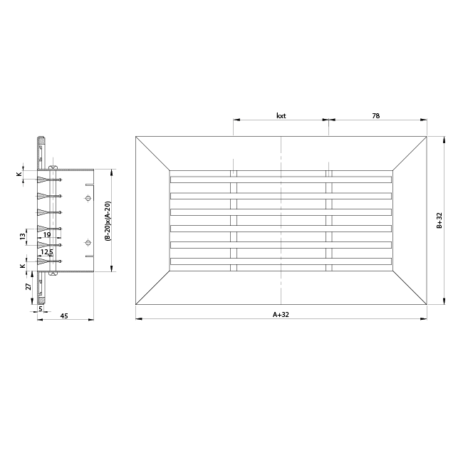 Kratka aluminiowa - ze sprężynami ciernymi - 600x150 mm - Anodowane aluminium