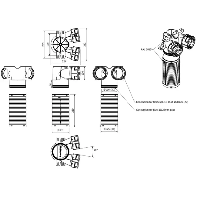Kolektor zaworowy Vent-Axia Uniflexplus 2 x Ø90 mm - Ø125 mm