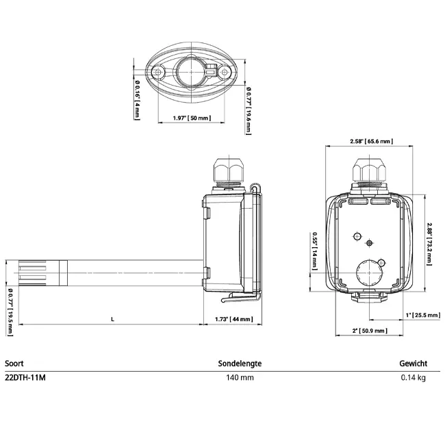Czujnik kanałowy Belimo do pomiaru wilgotności i temperatury - sonda 140 mm - 22DTH-11M