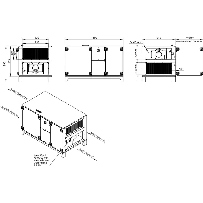 Centraly wentylacyjne Maxivent WTW z kołem cieplnym 1500 m³/h, poziome, po prawej stronie – RHE 1500 H OOJR