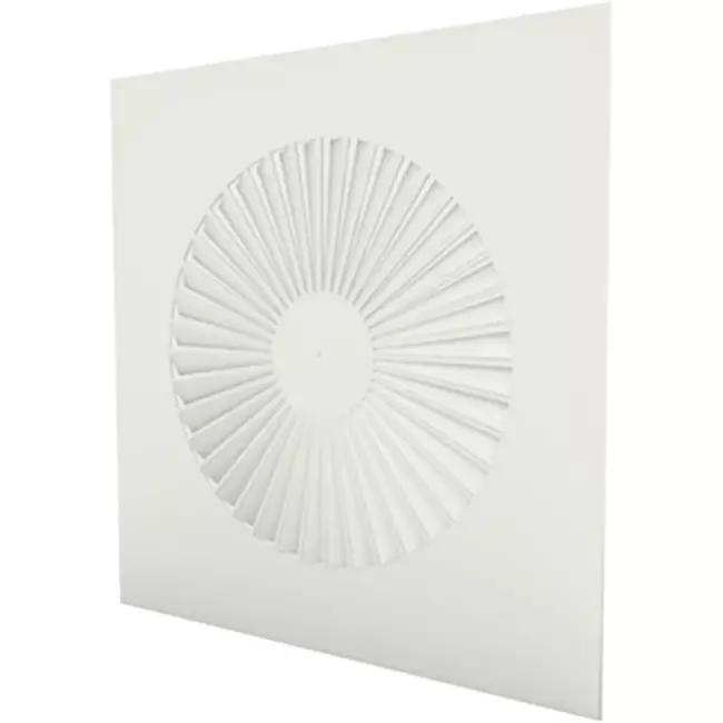 Kwadratowy nawiewnik wirowy 600 x 600, 350 mm ze stałymi łopatkami i nieizolowaną skrzynką rozprężną z połączeniem bocznym 160 mm – kolor mieszany RAL 9010