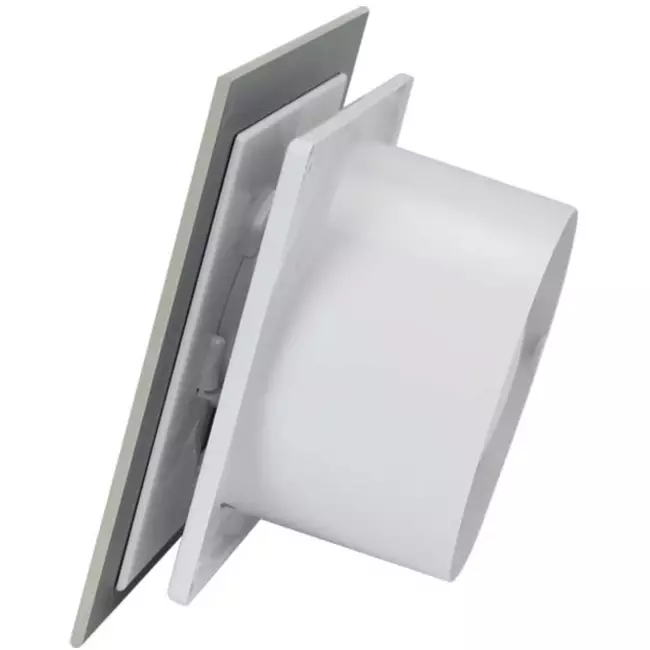 Wyciągowy wentylator łazienkowy Ø 125 mm - panel przedni ze szkła w kolorze satynowego srebra